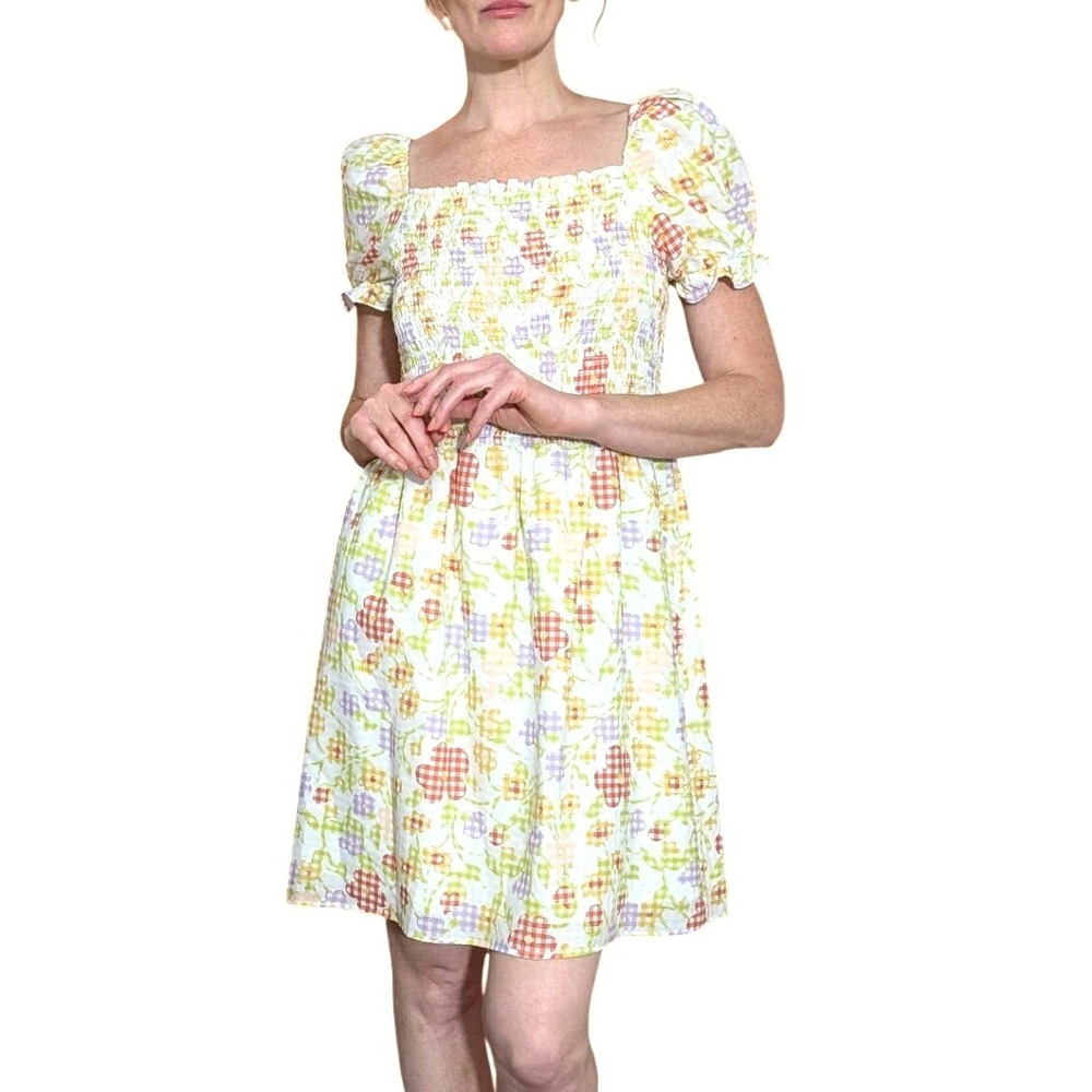 LOFT Floral Gingham Mini Dress Puff Sleeve Cottagecore Size Medium‎